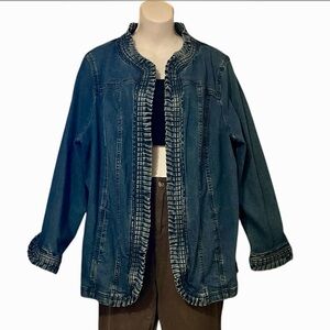 Denim Distressed Blue Jean Jacket with Pleated Ruffle Trim